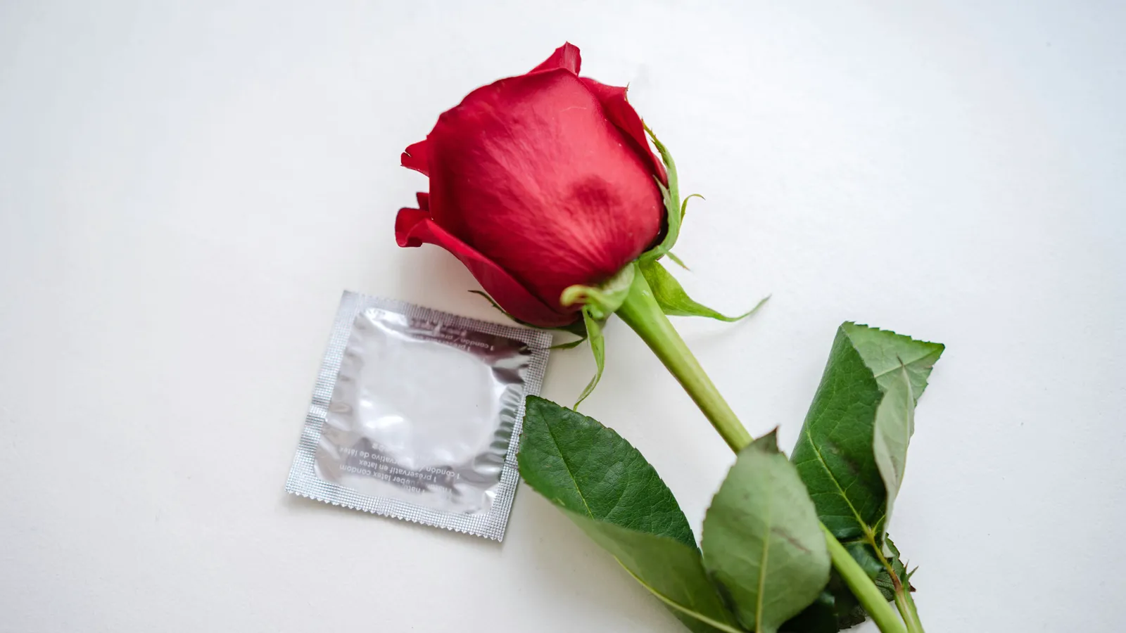 Una rosa roja junto a un preservativo en su envoltorio, sobre fondo blanco